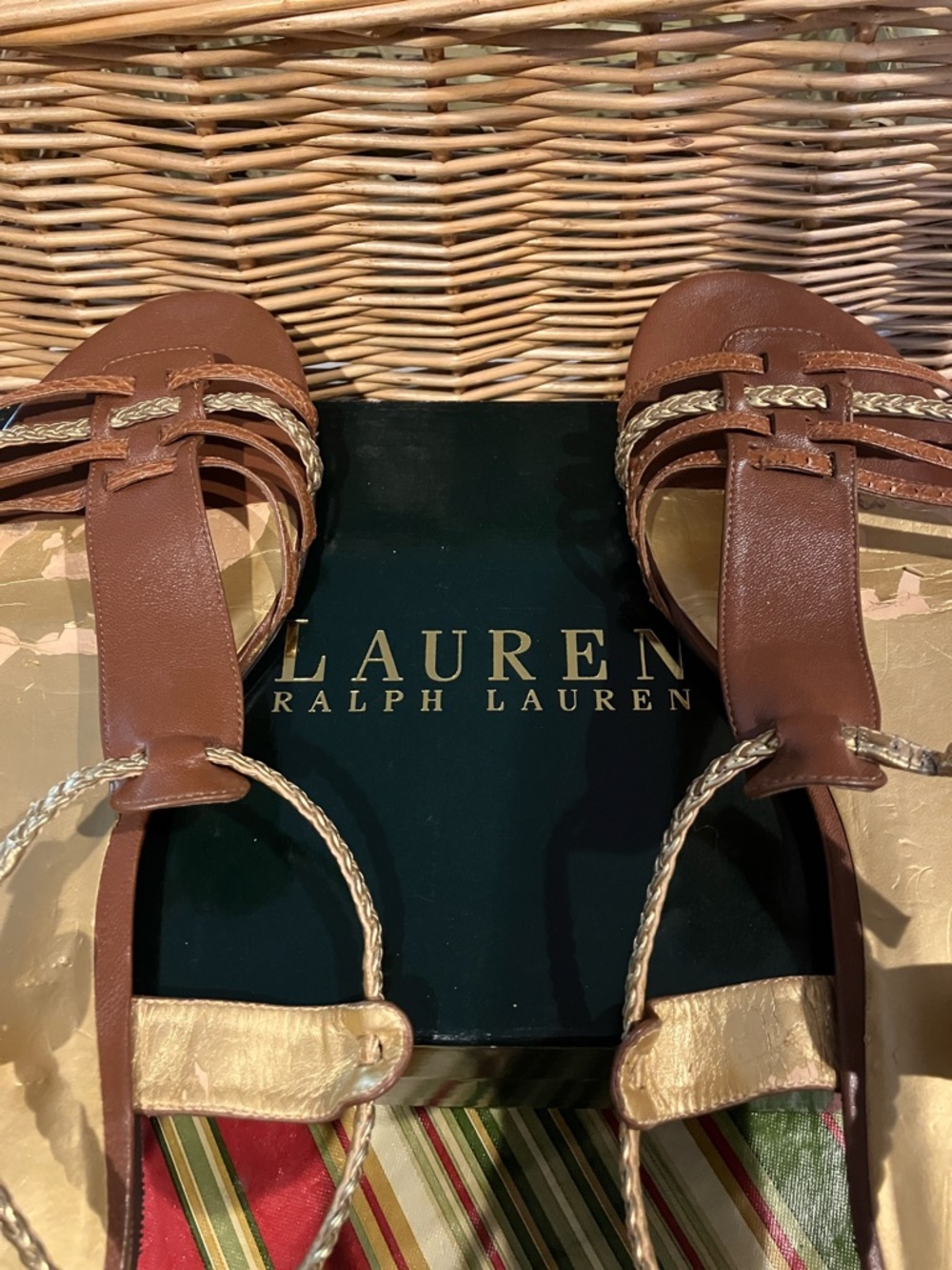 Lauren Ralph Lauren Brown and Gold Braided Leather Sandals